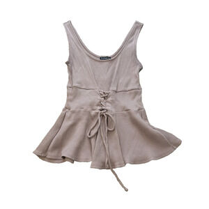 Express Women Dusty Pink Ribbed Peplum Top Small Corset Lace Up Front Flared Hem